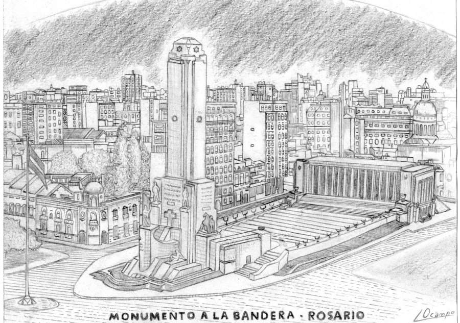 Dibujo del conjunto arquitectónico del Monumento a la Bandera